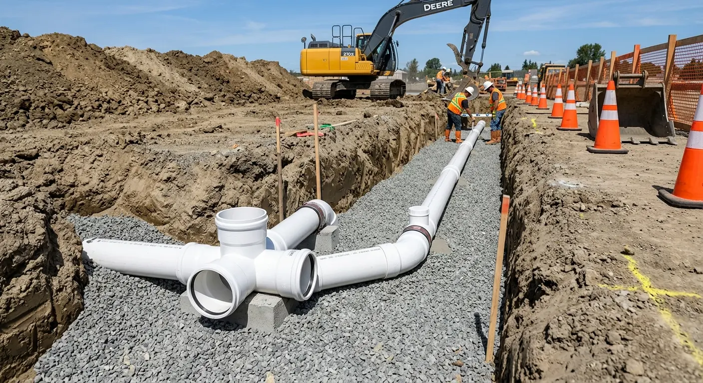 New PVC sewer pipe installation in open trench for Sewer Backup in Hudson