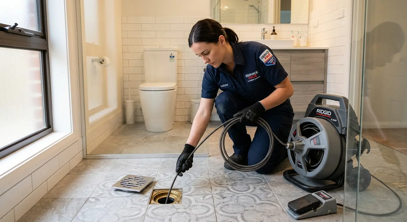Technician clearing a bathroom floor drain for Drain Cleaning in Hudson